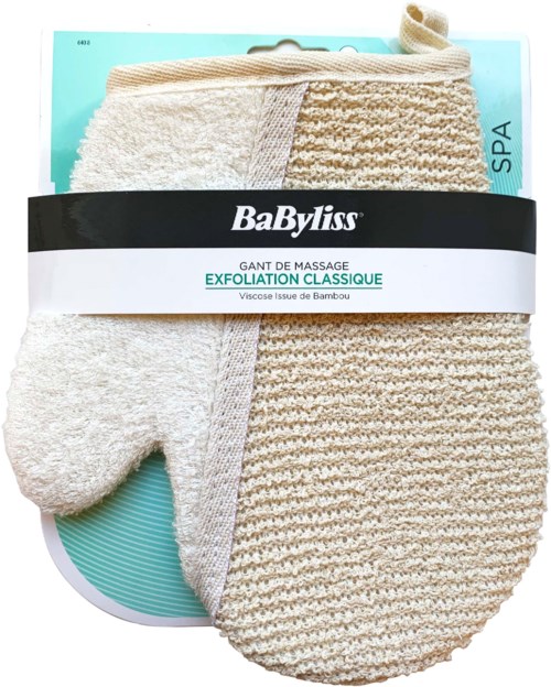 Een paar exfoliërende handschoenen, beige en wit, verpakt onder de naam BabyBiss, voor massage en huid gladmaken.