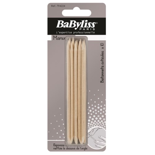 A package of ten wooden cuticle sticks from Babyliss Paris, used for nail grooming.