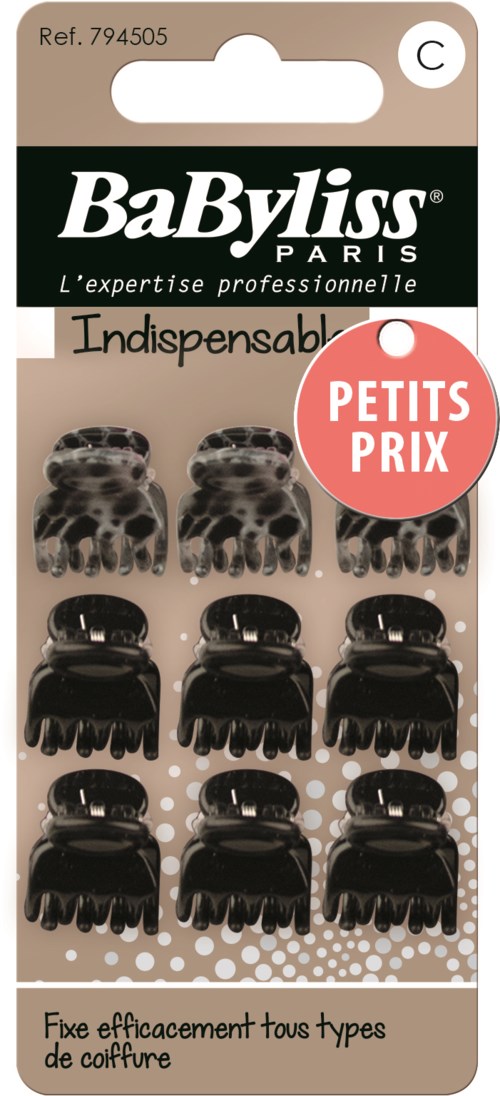 Package of small black hair clips, some with animal print, arranged in three rows, used for securing hair.
