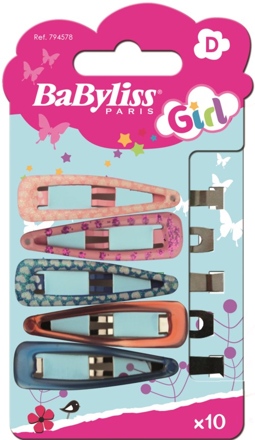 Set of ten girl hair clips in pink, purple, blue, and black colors, with butterfly patterns and metallic finishes.