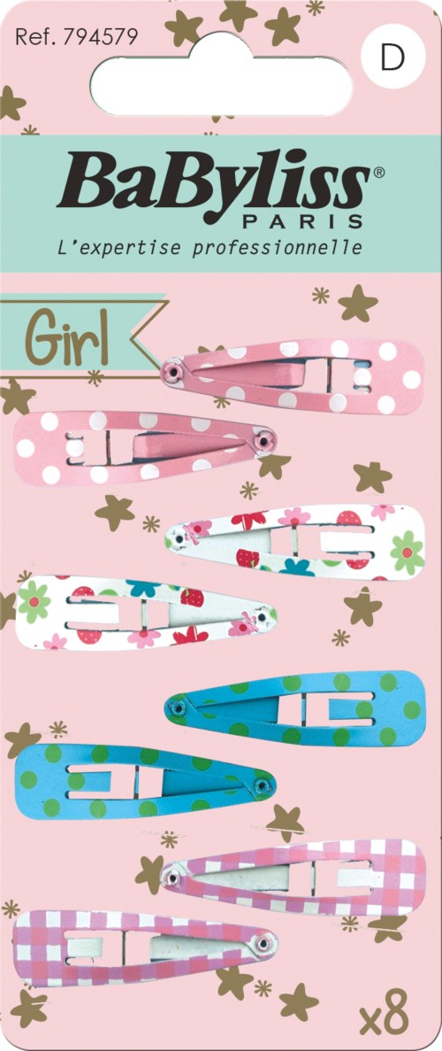 Set of eight colorful hair clips with pink, blue, and floral designs, labeled for girls.