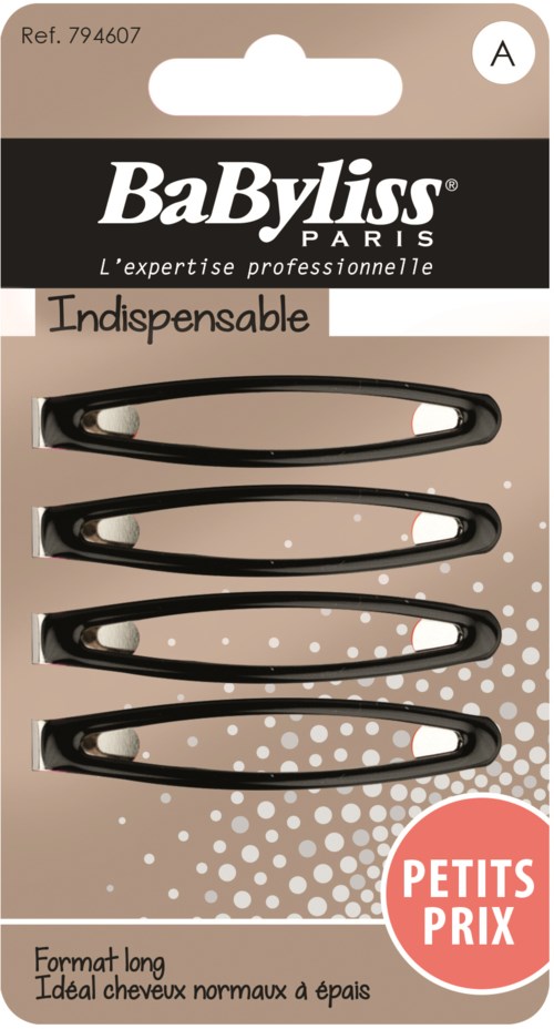 Fire svarte hårklemmer på beige emballasje merket BaByliss Paris, liten størrelse, for langt hår, rimelig pris.