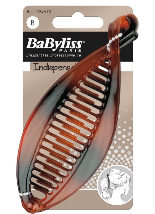 A brown and black hair clip in plastic, shown on packaging with a small illustration of a girl with pigtails.