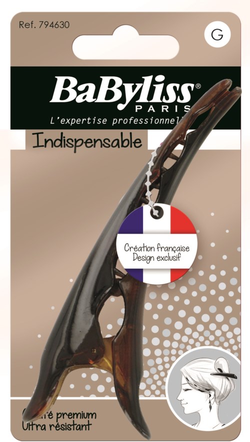 A hair clipper with a brown cord and black blades, packaging labeled 'BaByliss Indispensable' for professional use.