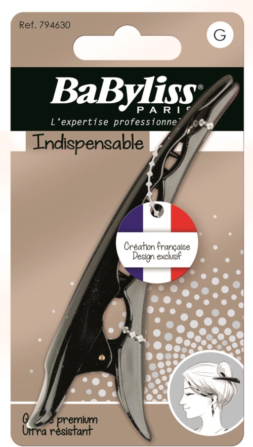 A pair of black hair clips in branded packaging, with French design and instructions for use, labeled as essential and durable.