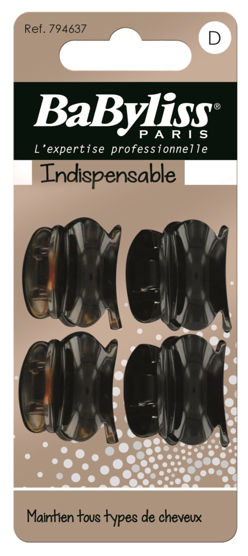 Four black hair clips are on the package, labeled 'BaByliss Paris.' The package is beige with white dots and text.