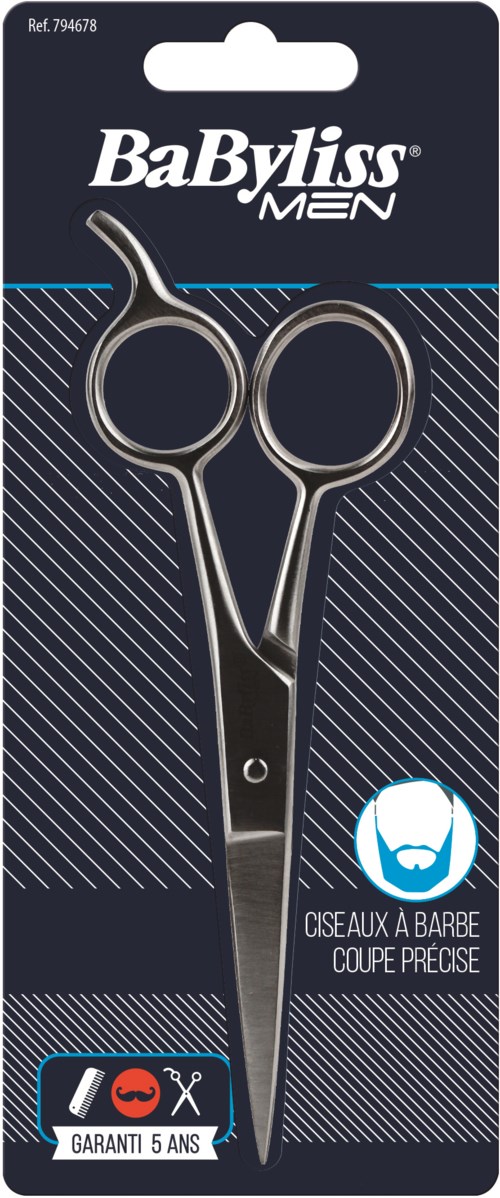 A pair of small, stainless steel barber scissors in packaging, designed for precise hair cutting.