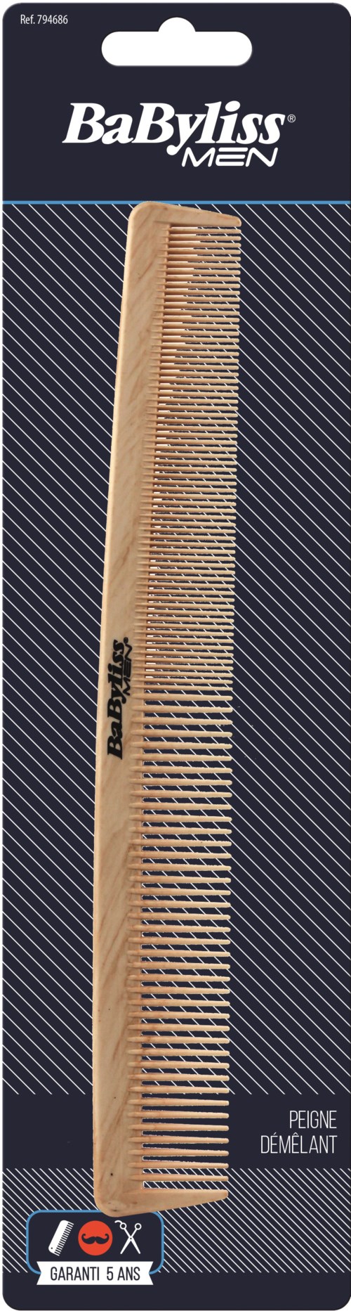 A hair comb in packaging with black, white, and blue colors, labeled 'BaByliss MEN' and 'Peigne Démêlant'.