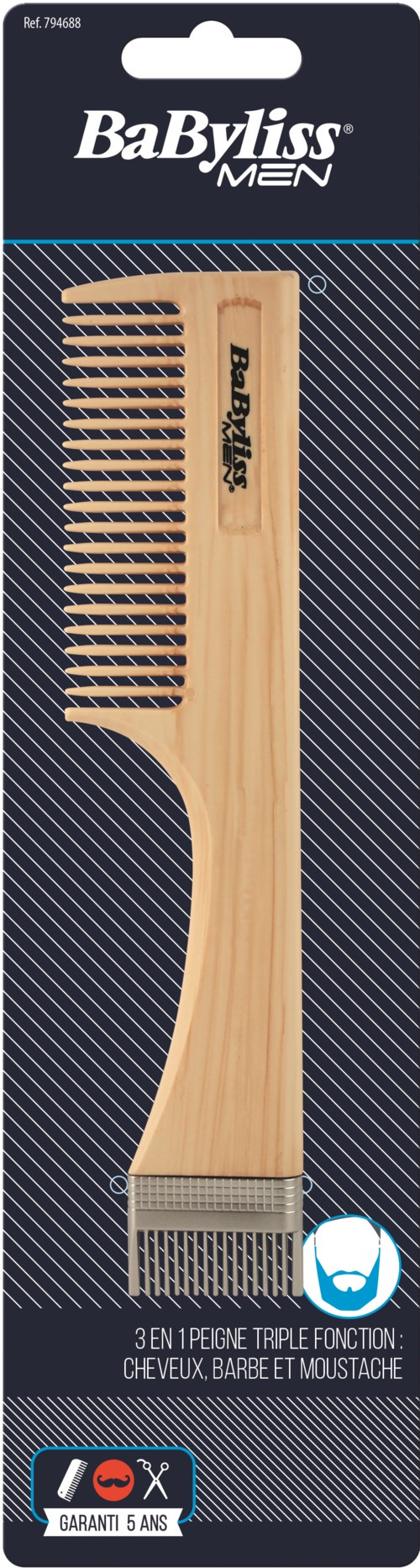 A wooden comb with wide teeth, labeled 'BaByliss Men,' in its packaging. The box indicates a triple action feature.