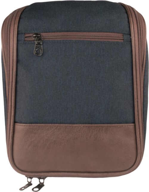 Eine Tasche mit dunklem Blau oben und braun unten, mit einer Fronttasche mit Reißverschluss und zwei Reißverschlusszugaben am unteren Ende.