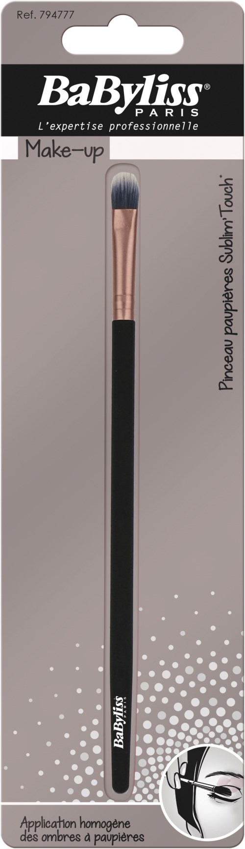 En makeupborste i förpackning med svart och rosa handtag, märkt BaByliss, för ögonsminkning.