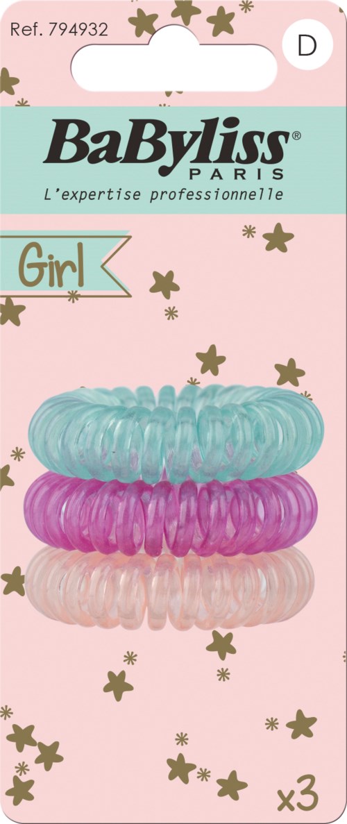 Three colorful hair elastics in blue, pink, and beige with star decorations, labeled for girls.