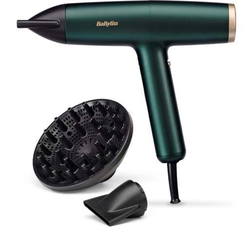 A green Babyliss hair dryer with a black diffuser and a concentrator nozzle.