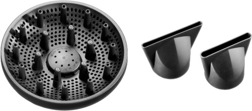 A round black hair diffuser with multiple plastic prongs and two different nozzle attachments.