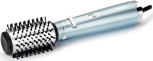 A light blue cylindrical hair curler with a rotating round brush attachment. It has buttons and a cord.