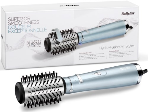 A blue cylindrical hair styling tool with a barrel covered in bristles, shown with its packaging box.