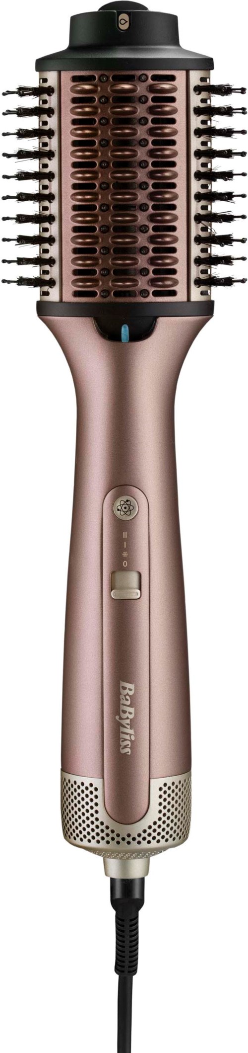 A rose-colored heated styling brush with multiple small bristles and a black top.
