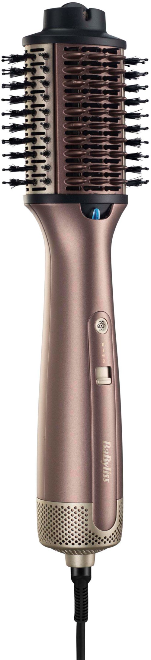A rose gold hairbrush tool with bristles and a digital button, designed for styling hair.