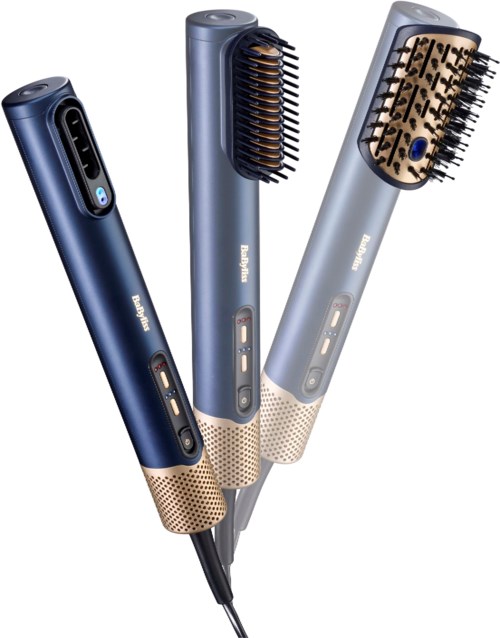 Three hairstyling tools with different brush attachments and a temperature control. They are mostly blue and gray.