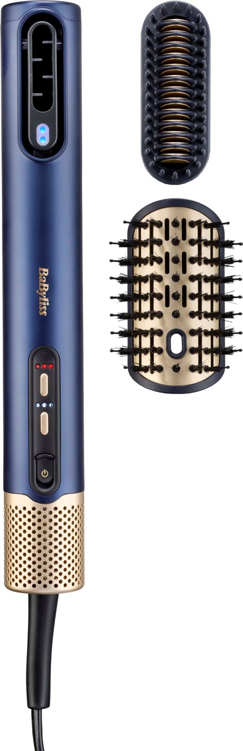 A hair curling device with three interchangeable attachments, black and gold colors, and control buttons.