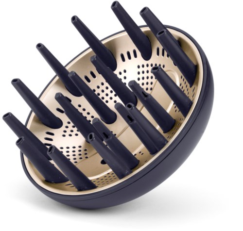A hairdryer diffuser with multiple black prongs inside a beige and black oval frame.