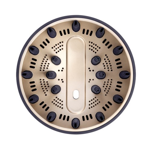 A round device with multiple small, black, rubber-like tips around the edge and a central sliding switch.
