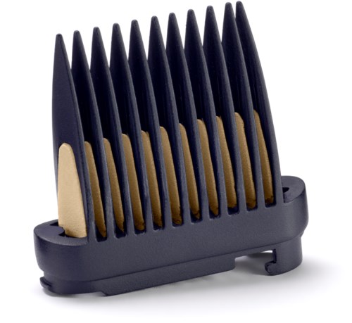 A black comb with gold-colored teeth, designed for grooming hair or fur.