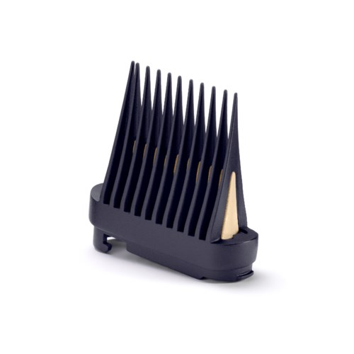 A black hair clipper guard with long, vertical teeth for cutting hair. Compact and standing upright.