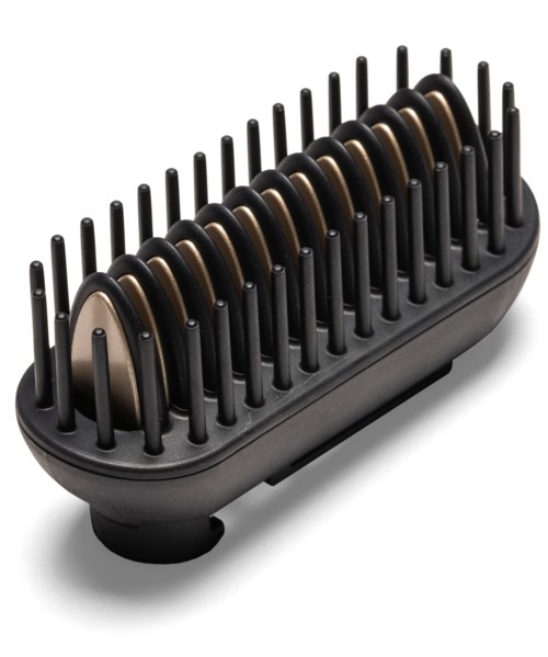 A black device with many vertical prongs, holding several discs, possibly a cleaning or drying tool.