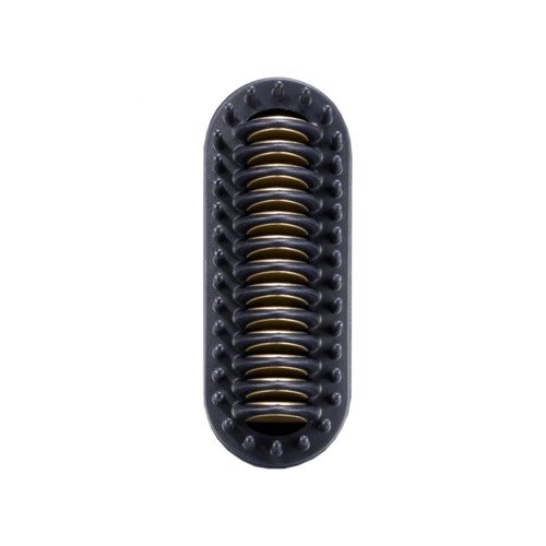 A hair clipper with a black body and curved metallic blades inside.