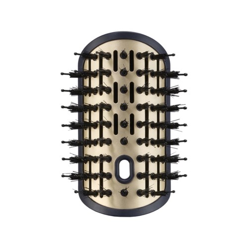A black and beige hairbrush with multiple black bristles and a small hole at the bottom.