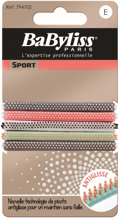 En förpackning med färgglada hårband med prickmönster, märkt BaByliss Paris Sport, för antislip-hårhantering.