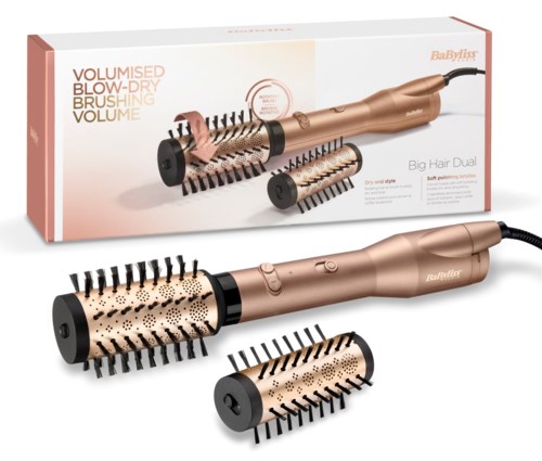 A rose gold hairbrush and curling iron set with multiple attachments and a box packaging, designed for volume and styling.