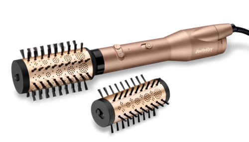 Device with a handle and two removable brush attachments, used for hair styling and drying.
