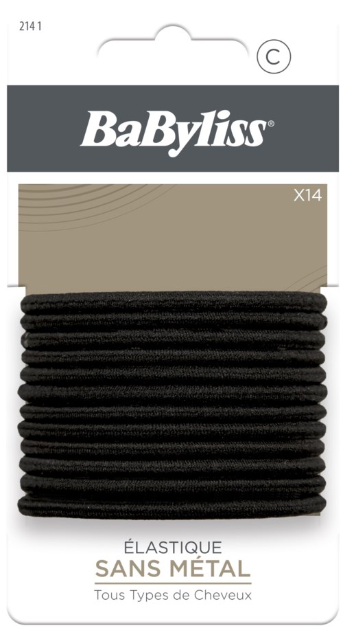 Zwarte elastische haarbanden in verpakking met 'BabyLiss' voor verschillende haartypes.