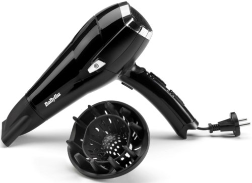 A black hairdryer with a detachable diffuser, cord, and handle. It is designed for drying and styling hair.