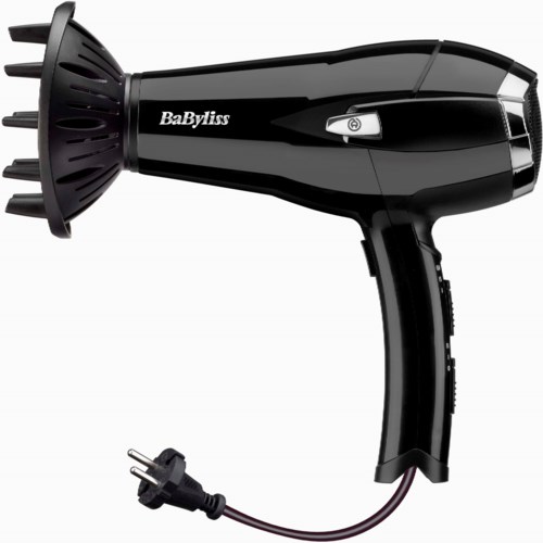 A black Babyliss hairdryer with a concentrator nozzle, cord, and power plug.