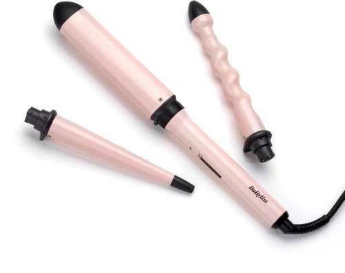 Three pink curling iron barrels with black handles, one with a textured barrel, and one with a clip.