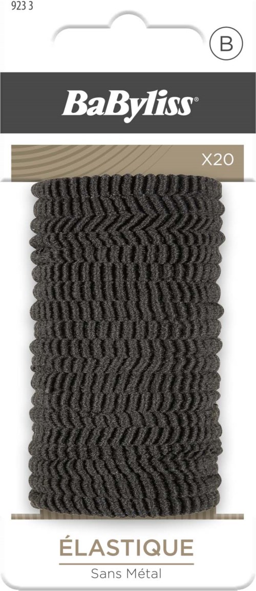 En pack med 20 svarta elastiska hårsnoddar från BaByliss, elastiska och flexibla. Enkla och praktiska håraccessoarer.