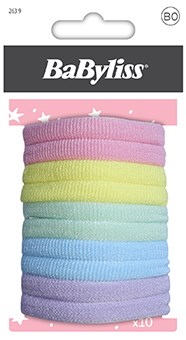 Ten colorful hair ties stacked together on pink background with stars.