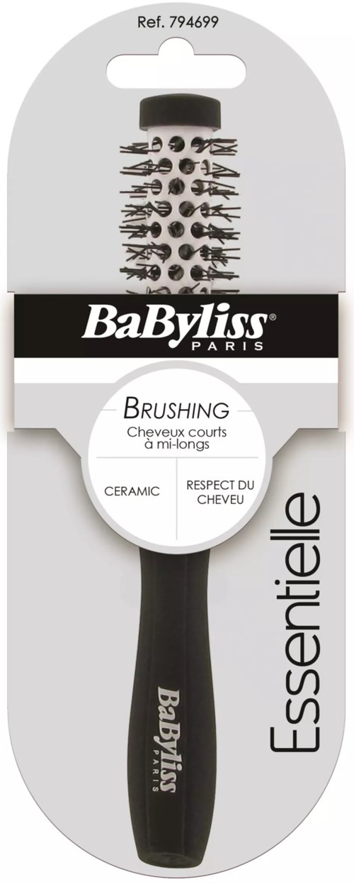 Tumma musta hiusharja, jossa pieniä piikkejä ja kahva, merkiltä BaByliss. Suunniteltu hellävaraiseen hiustenharjaamiseen.