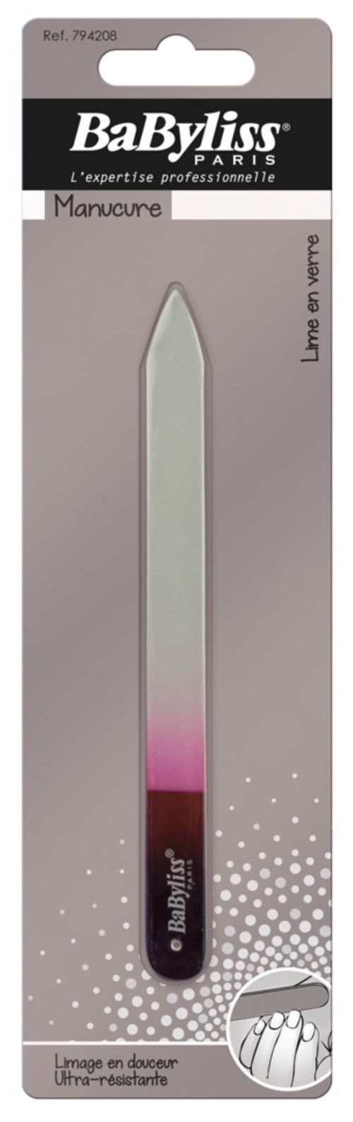 A nail file in pink and black, packaged in a clear plastic cover, labeled 'BaByLiss Paris' for manicures.
