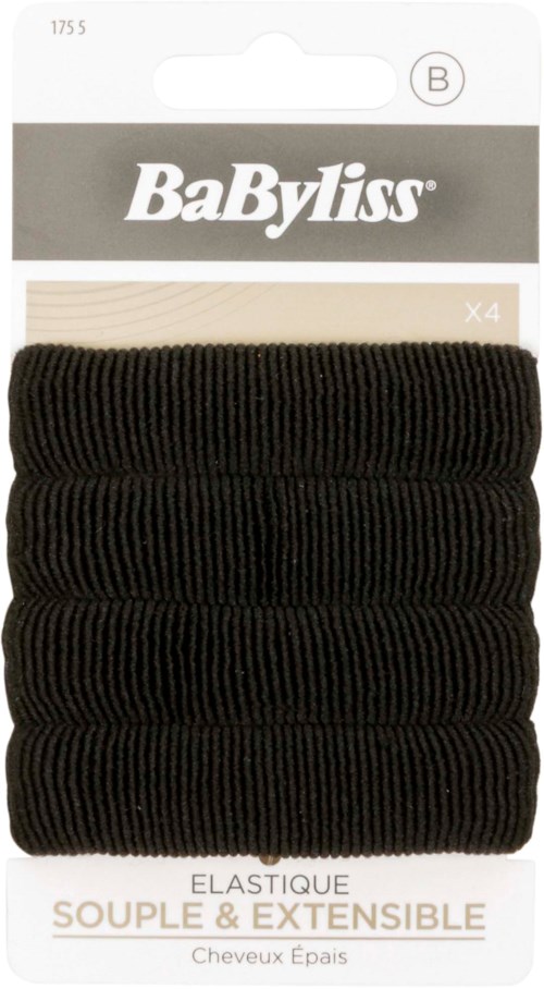 Vier paar zwarte, dikke, rekbare haarbanden in een BabyLiss-verpakking.