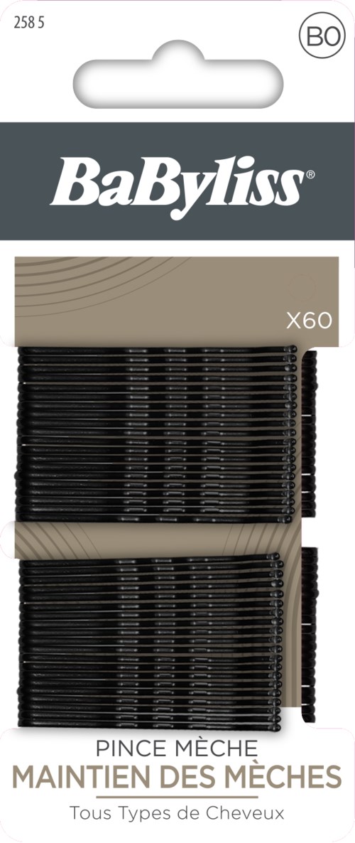 A pack of 60 black hair pins with beige packaging, labeled for all hair types, from BaByliss.