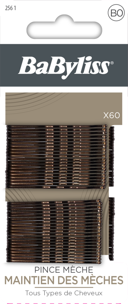 Two hairpins in a package, labeled 'BaByliss,' for holding sections of hair. Suitable for all hair types.