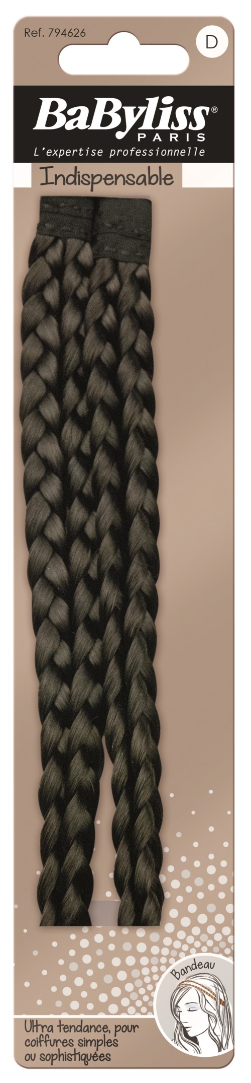 A package contains three black and gray braided hair extensions with a label from BaByliss. The packaging is beige with black and white text.