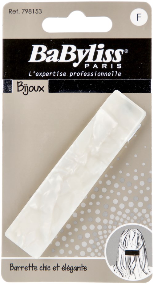 A white hair clip in packaging, with a black background label saying "BaByliss PARIS" and a small illustration of a hairstyle.