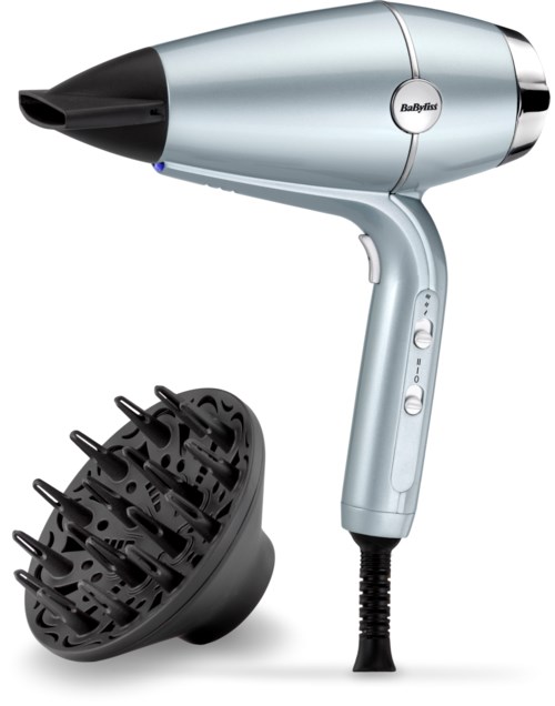 A baby hairdryer with a black diffuser attachment, silver body, and buttons on the handle.