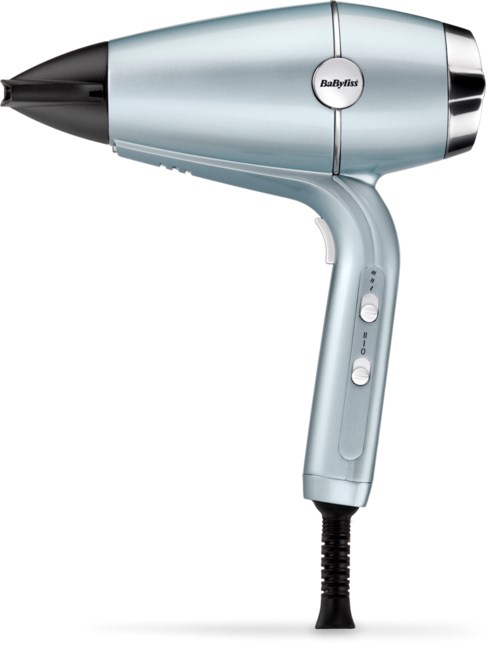 A silver Babylist hair dryer with buttons on the handle and a black nozzle.