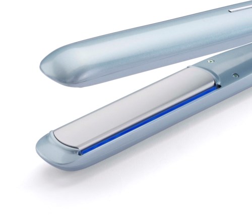 A hair straightener with a sleek, metallic design and a blue light strip.